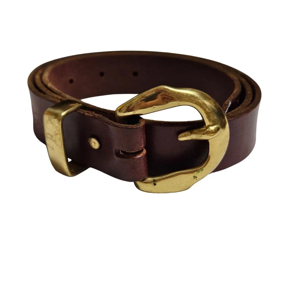 Vintage Women's Brown Leather Belt Solid Brass Horseshoe Buckle Equestrian USA